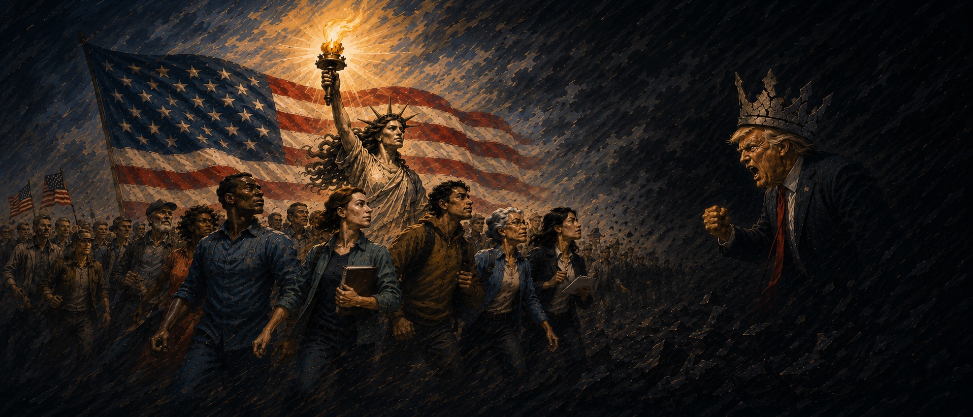 Lady Liberty leading a crowd of Americans toward a crowned, snarling Trump